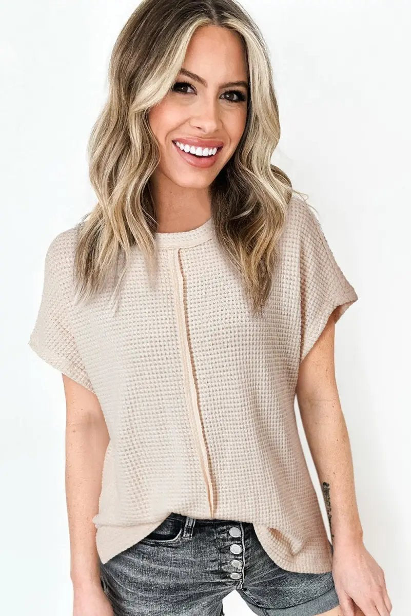 Pale Khaki Solid Color Textured Seamed Short Sleeve Top - Love Salve